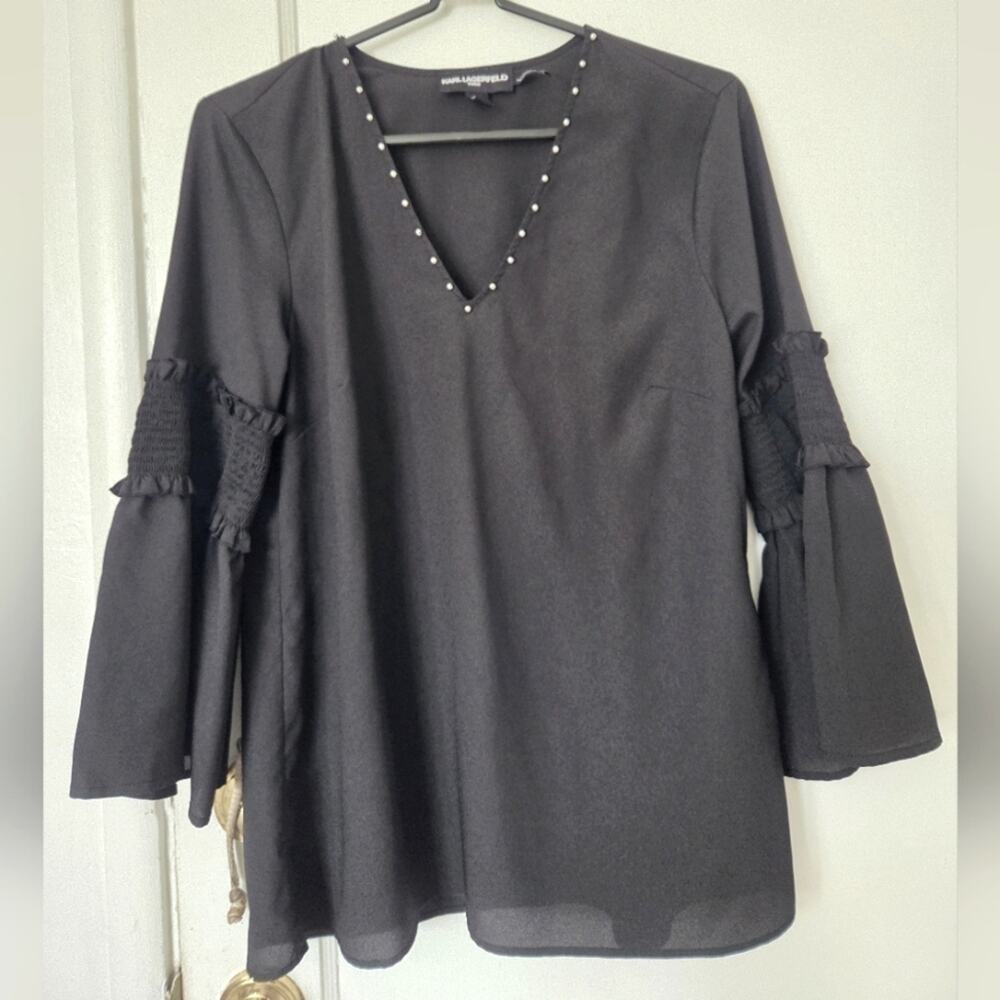 KARL LAGERFELD Black Blouse with Ruffled Bell Sleeves Studded Pearl Small